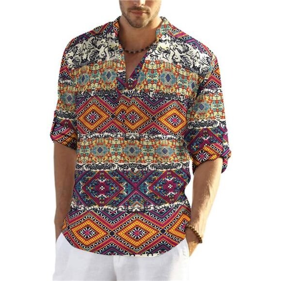 Other - Men's Cotton Linen Henley Shirt Long Sleeve Hippie Casual Beach T Shirts